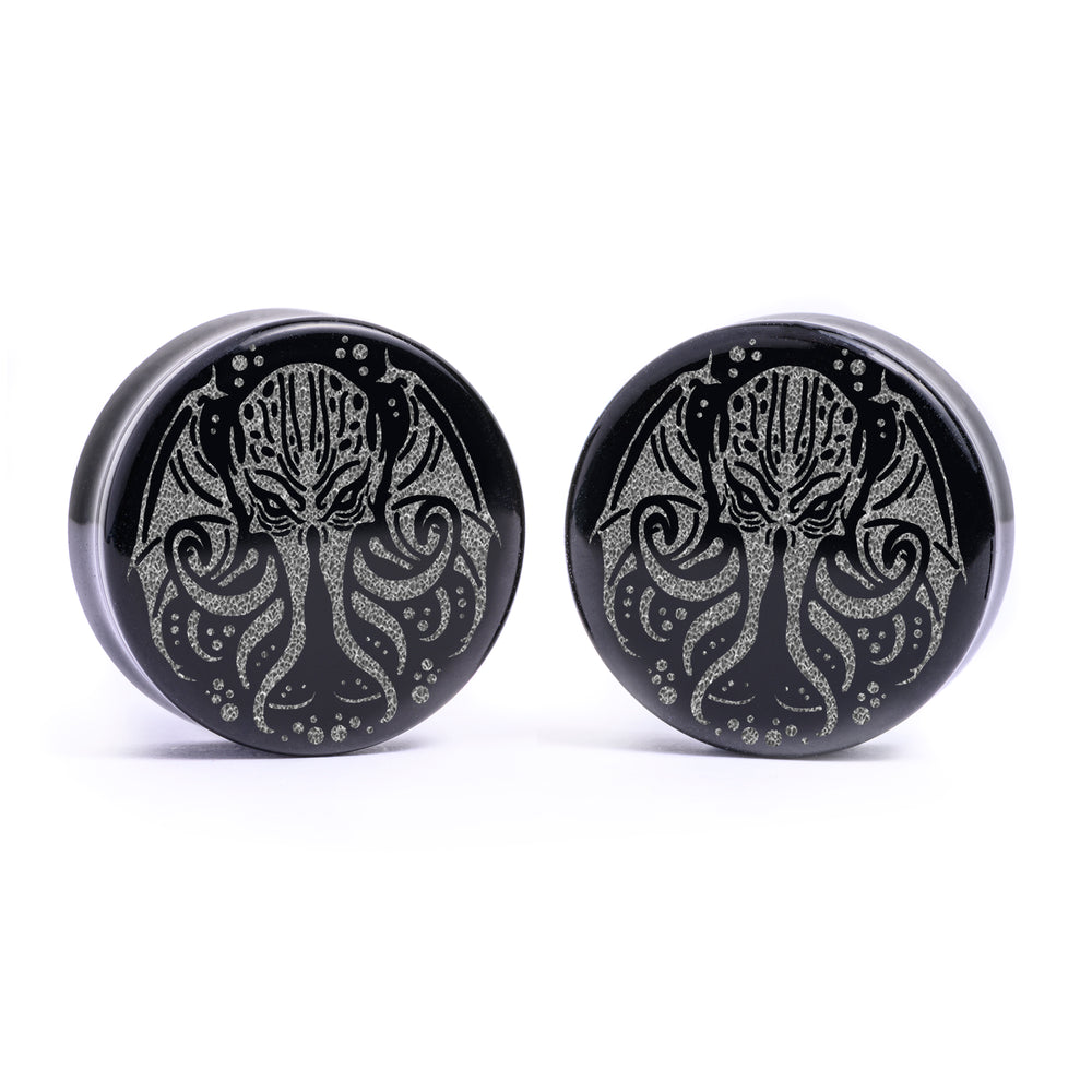 Cthulhu Plug / Gauge - Black Glass | Flat Faced Double Flare - Lasered To Order In House At Custom Plugs HQ