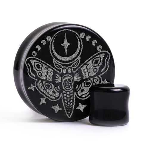 Death Moth Plug / Dehnungsstab - Schwarzes Glas | Flach Gesichtiges Doppel Flare