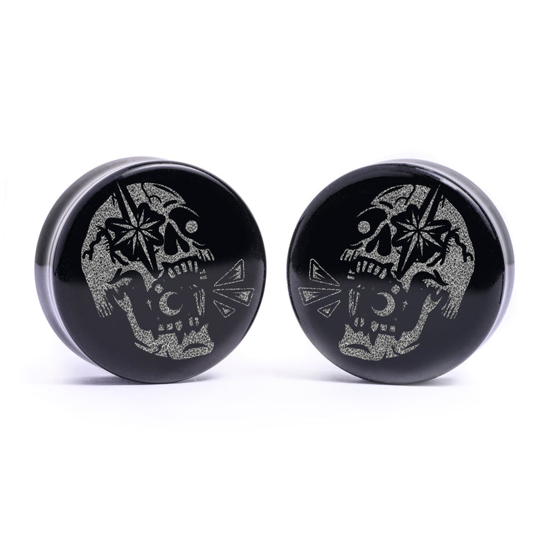 Plug / Gauge Crâne illuminé - Verre noir | Face plate double évasé