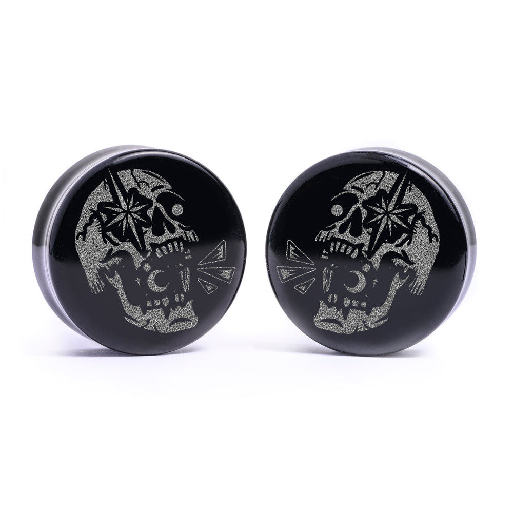 Enlightened Skull Plug / Gauge - Black Glass | Flat Faced Double Flare - Lasered To Order In House At Custom Plugs HQ
