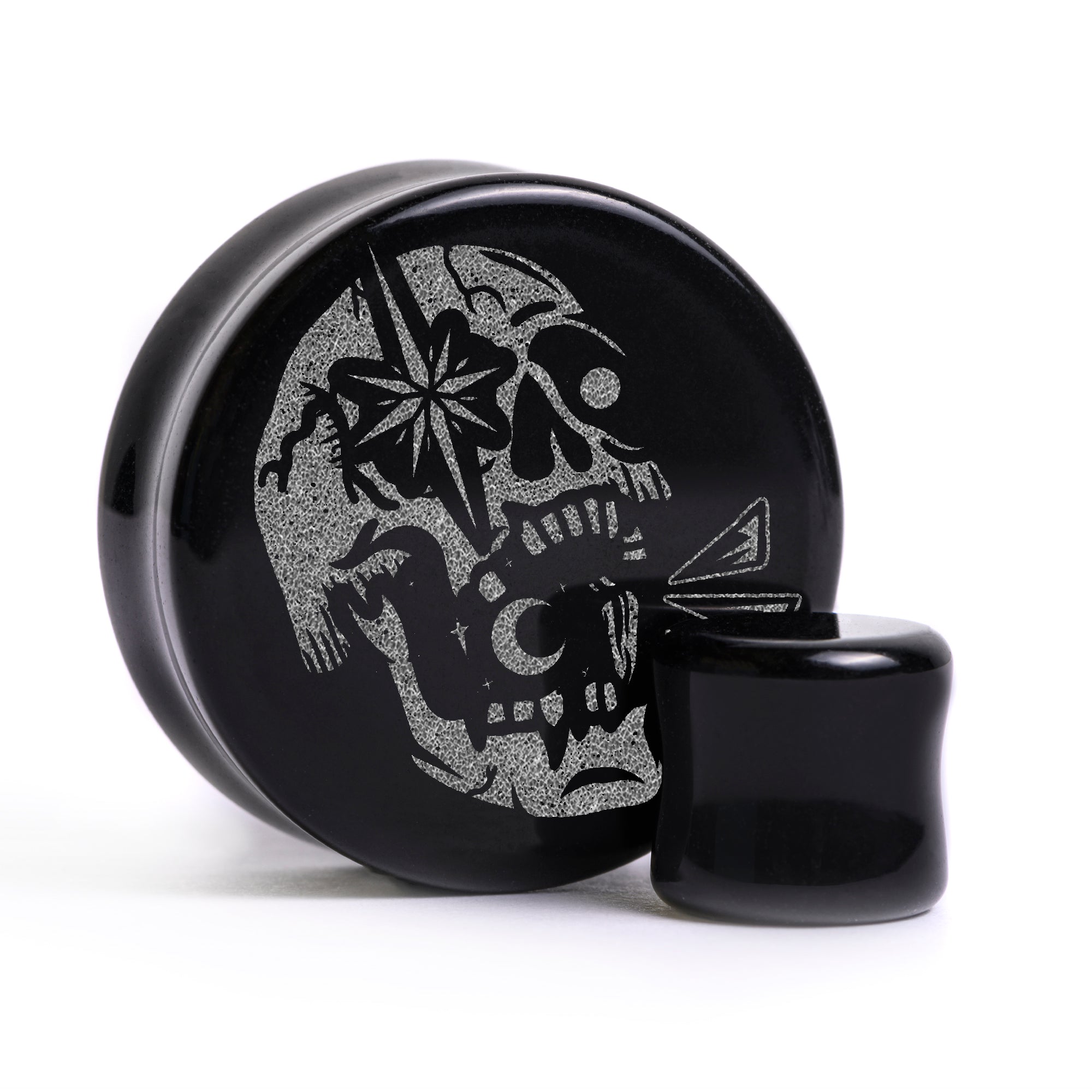 Enlightened Skull Plug / Gauge - Black Glass | Flat Faced Double Flare