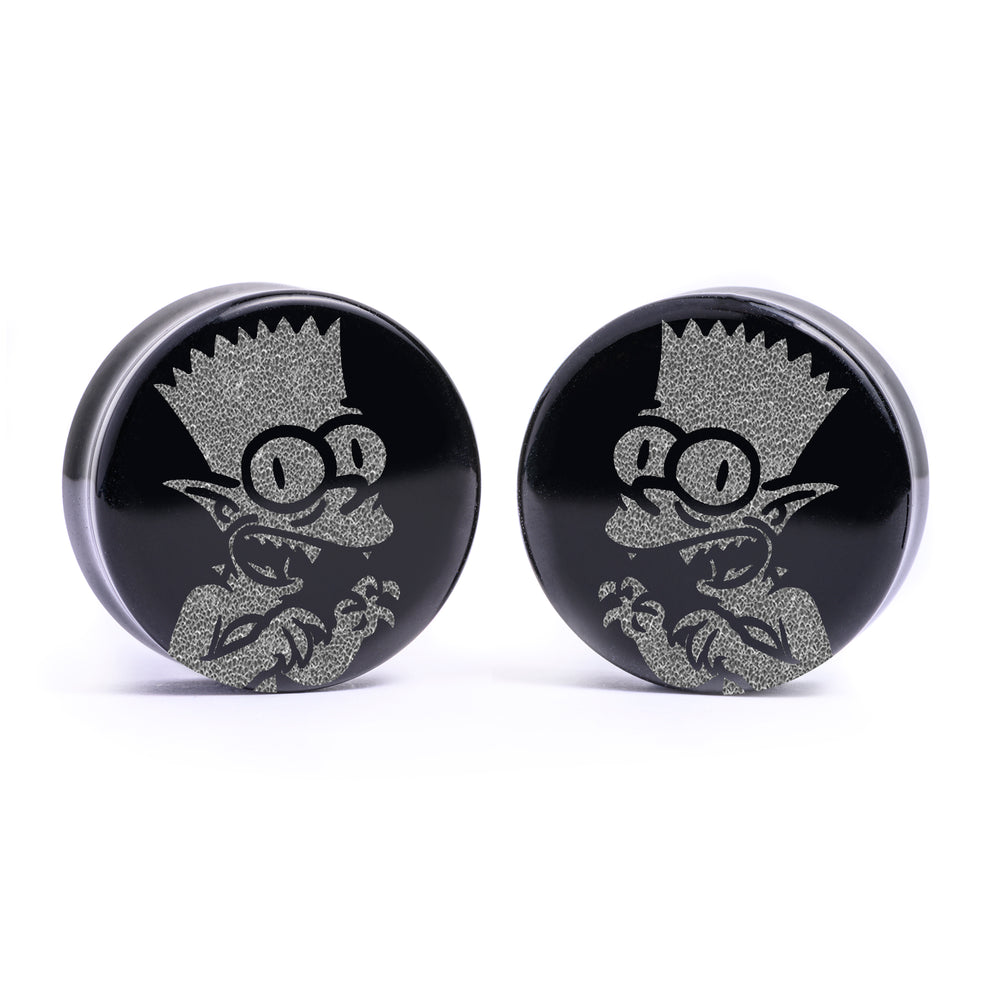 Gremlin Bart Plug / Gauge - Black Glass | Flat Faced Double Flare - Lasered To Order In House At Custom Plugs HQ