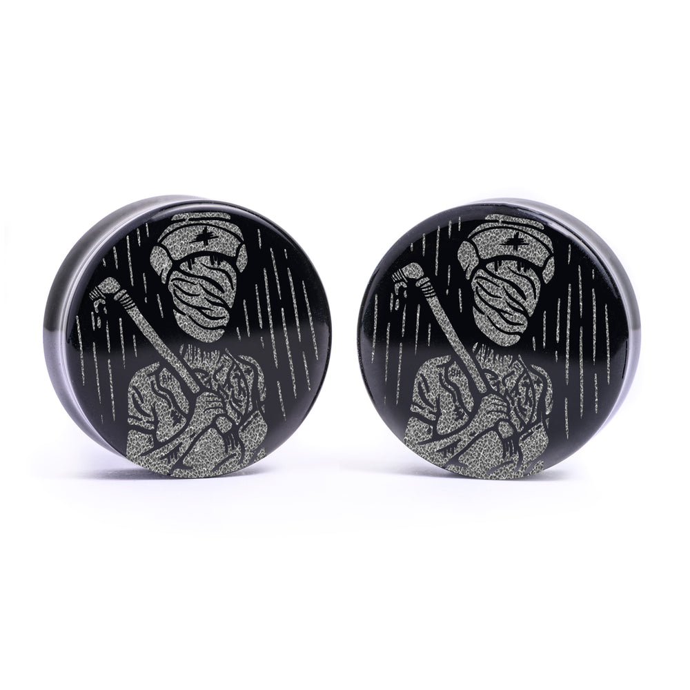 Silent Hill Nurse Plug / Gauge - Black Glass | Flat Faced Double Flare - Lasered To Order In House At Custom Plugs HQ