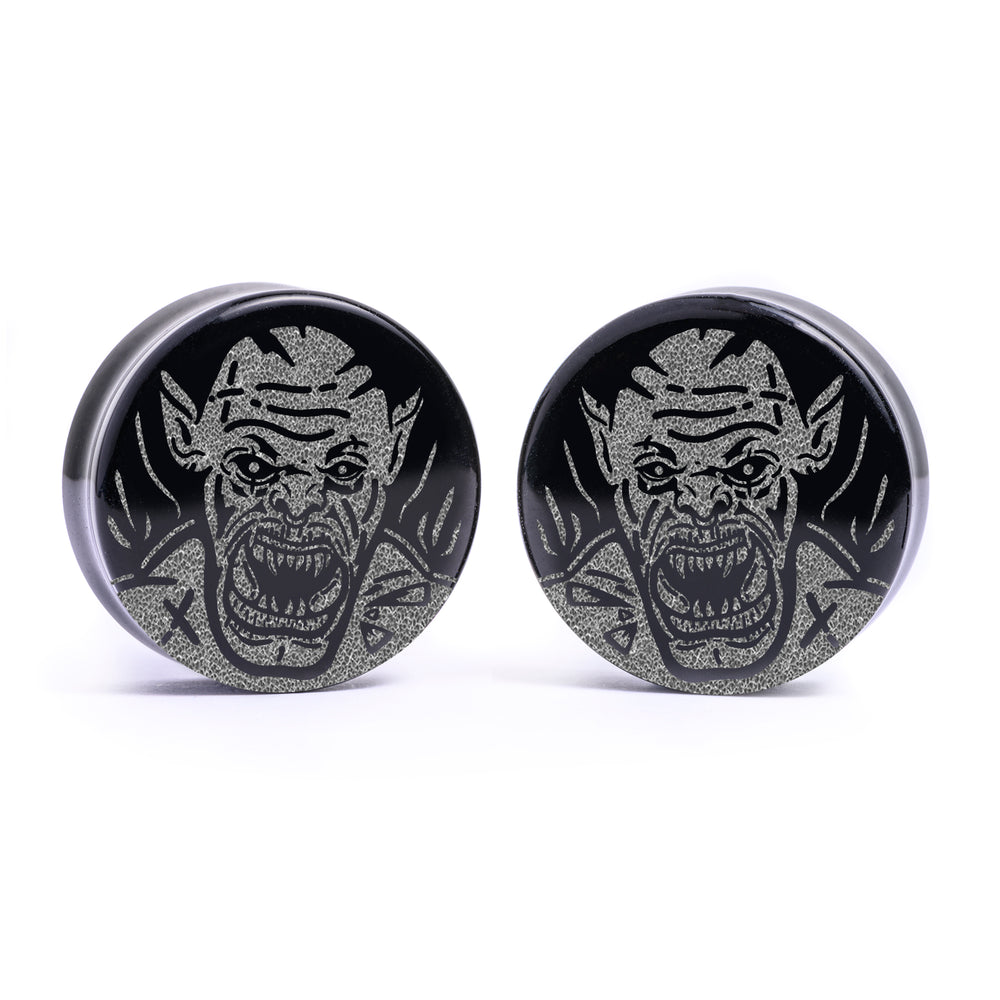 Orc Plug / Gauge - Black Glass | Flat Faced Double Flare - Lasered To Order In House At Custom Plugs HQ