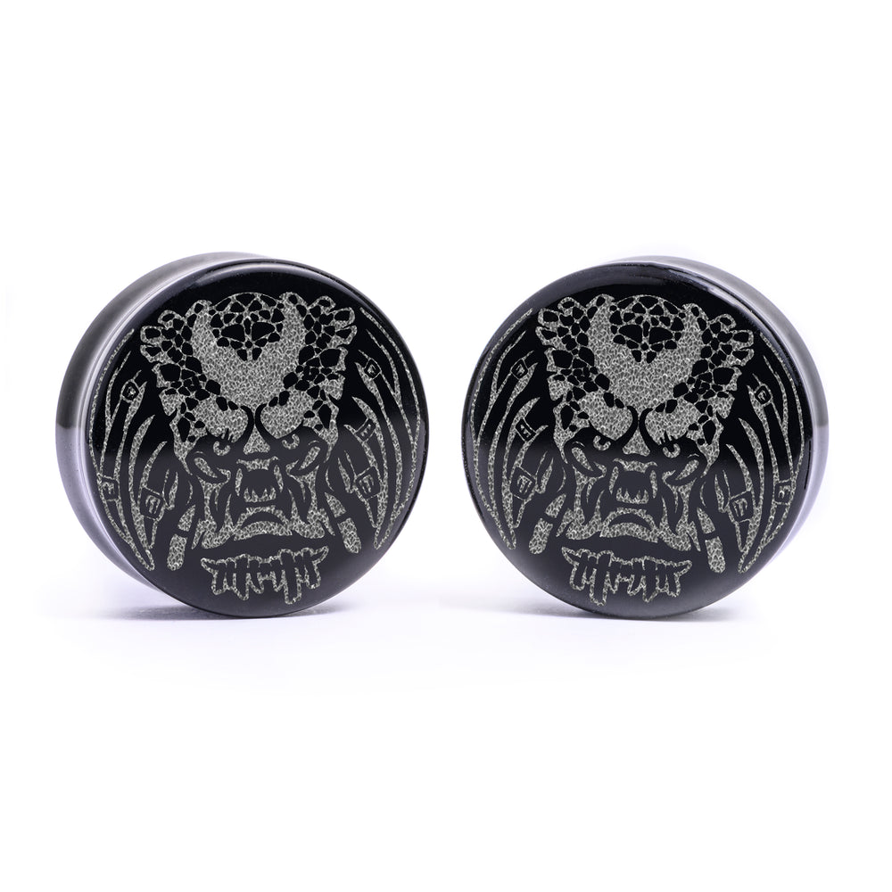 Predator Plug / Gauge - Black Glass | Flat Faced Double Flare - Lasered To Order In House At Custom Plugs HQ