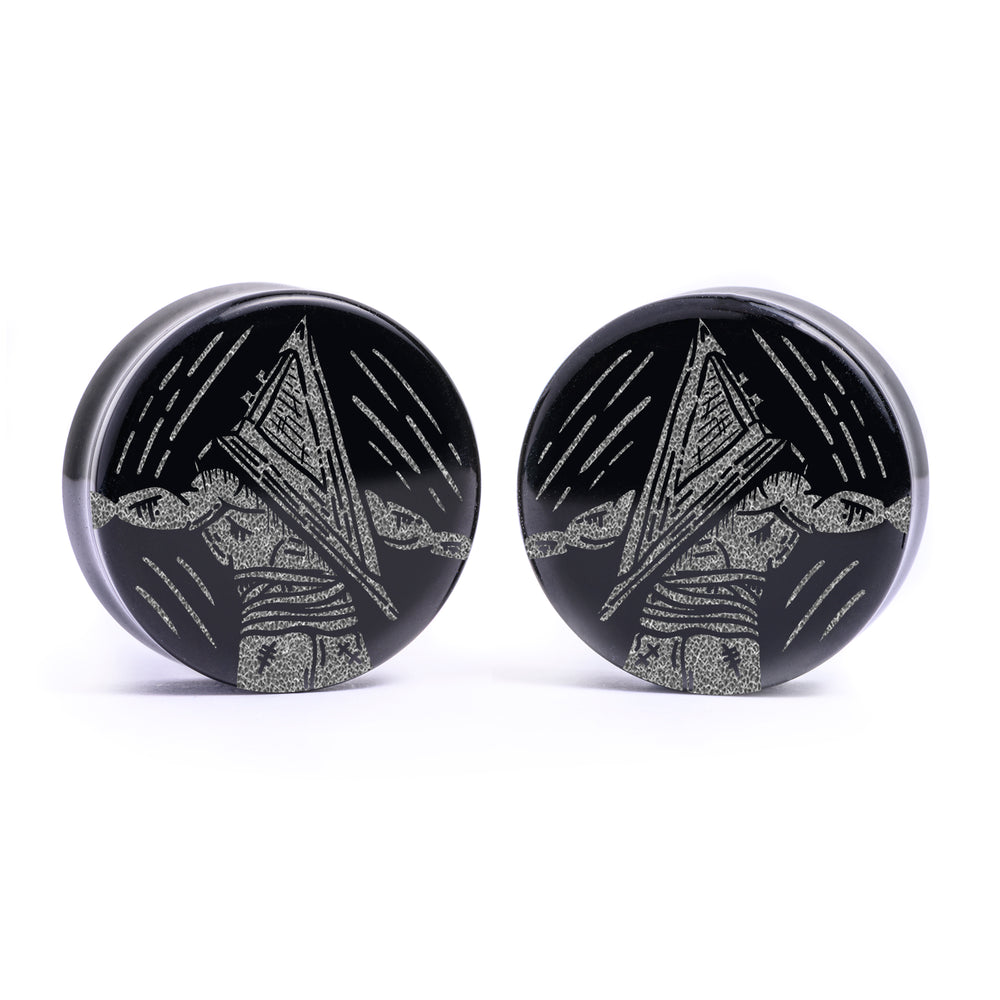Pyramid Head Plug / Gauge - Black Glass | Flat Faced Double Flare - Lasered To Order In House At Custom Plugs HQ