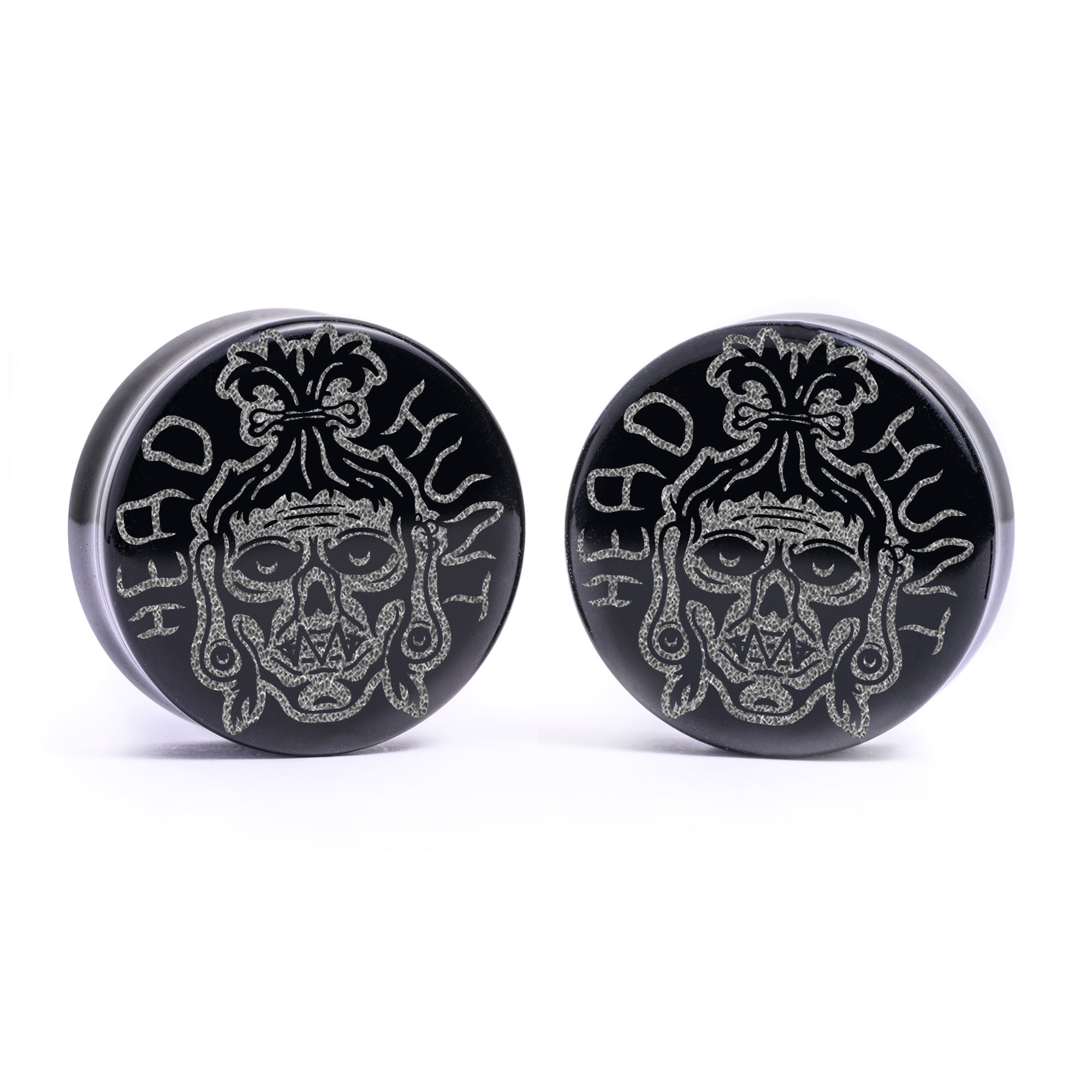 Schrumpfkopf Plug / Dehnstab - Schwarzes Glas | Flache Vorderseite, Double Flare