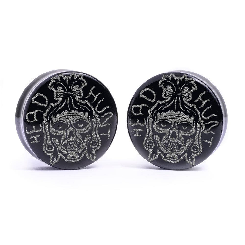 Shrunken Head Plug / Gauge - Black Glass | Flat Faced Double Flare - Lasered To Order In House At Custom Plugs HQ