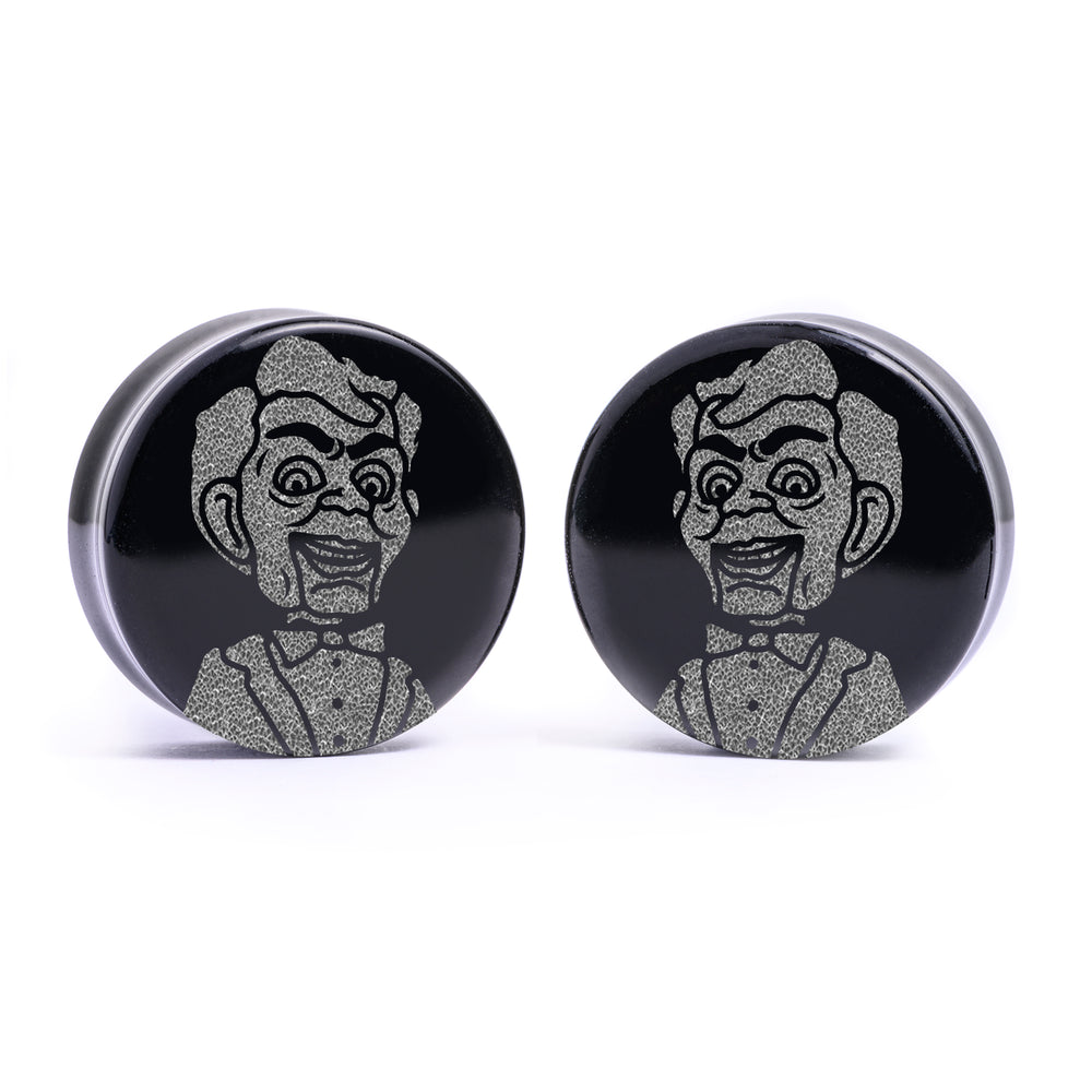 Goosebumps Slappy Plug / Gauge - Black Glass | Flat Faced Double Flare - Lasered To Order In House At Custom Plugs HQ