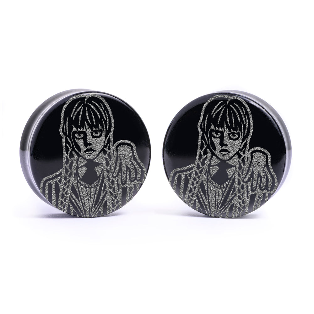 Wednesday Addams Plug / Gauge - Black Glass | Flat Faced Double Flare - Lasered To Order In House At Custom Plugs HQ