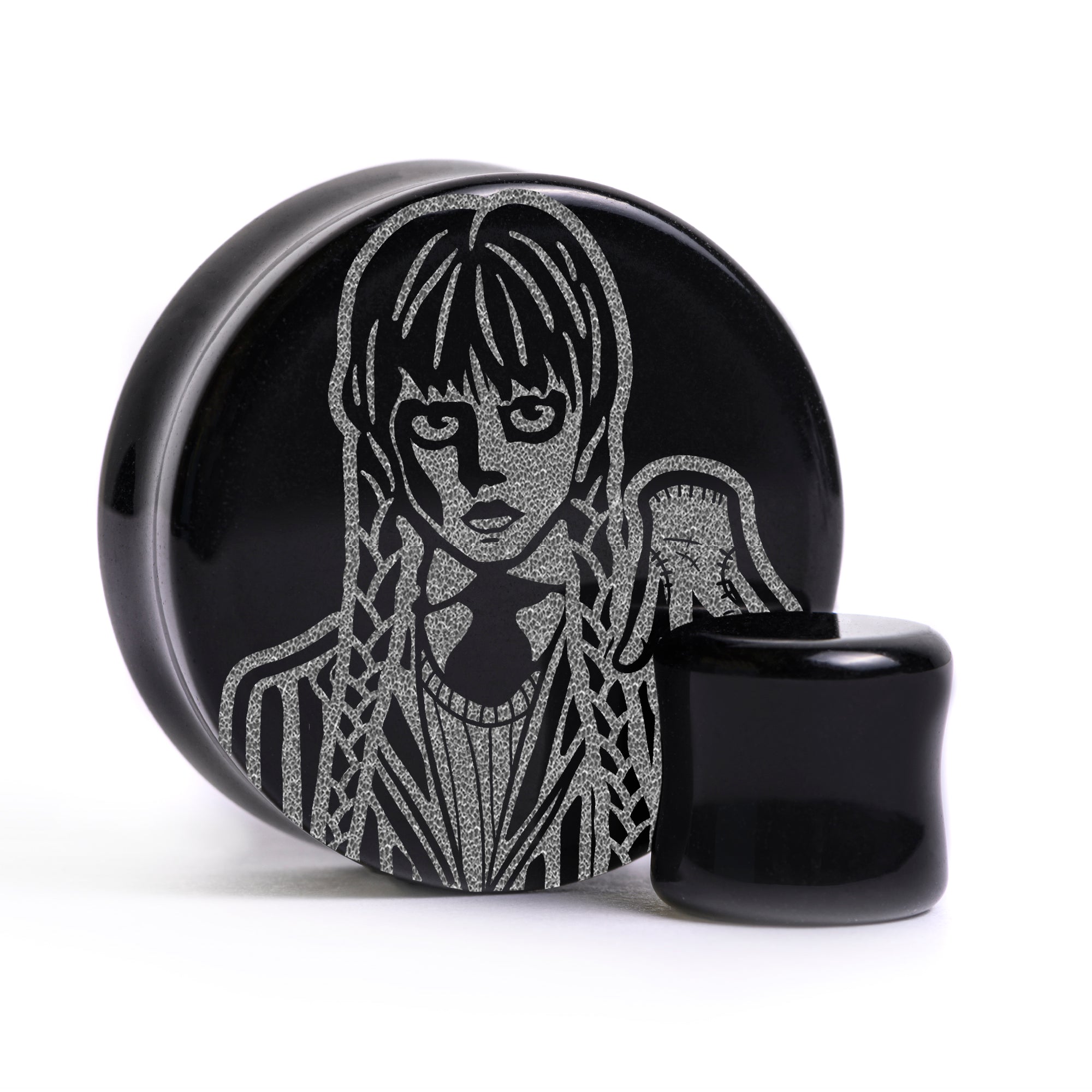 Wednesday Addams Plug / Gauge - Schwarzes Glas | Flache Vorderseite, Double Flare