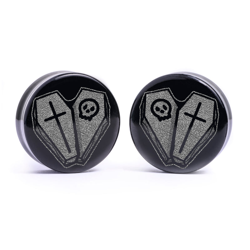Plug / Gauge Cercueil cœur - Verre noir | Face plate double évasé