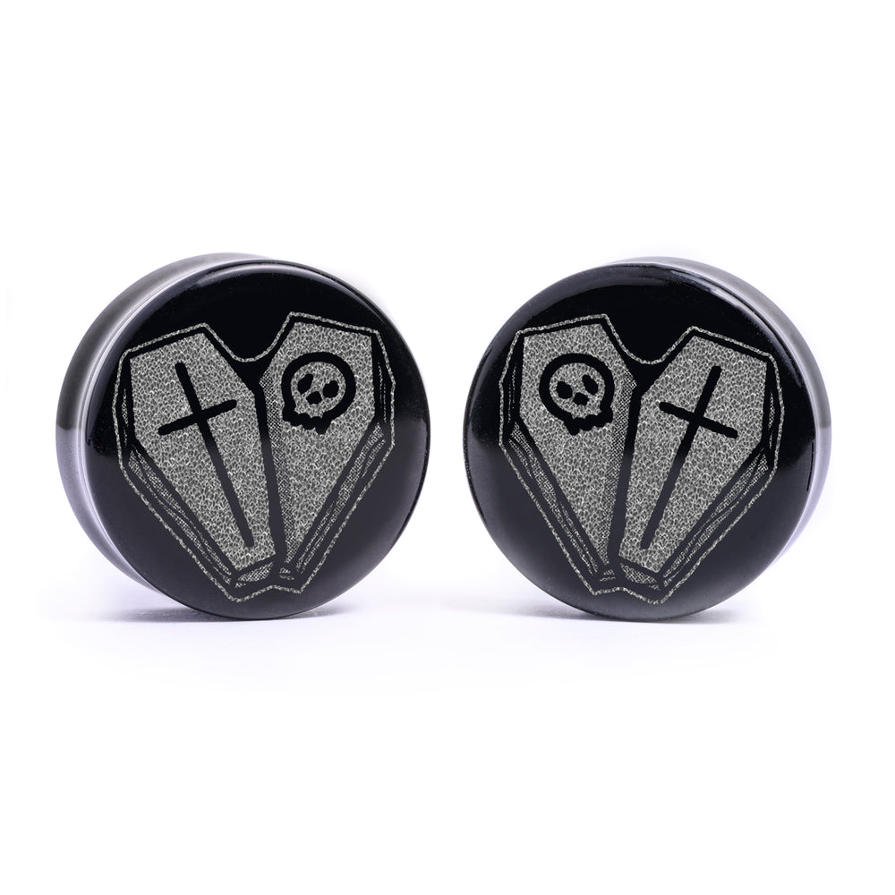 Herz Sarg Plug / Gauge - Schwarzes Glas | Flach Gesichts Doppelflansch