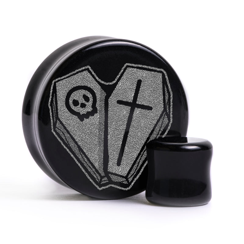 Plug / Gauge Cercueil cœur - Verre noir | Face plate double évasé