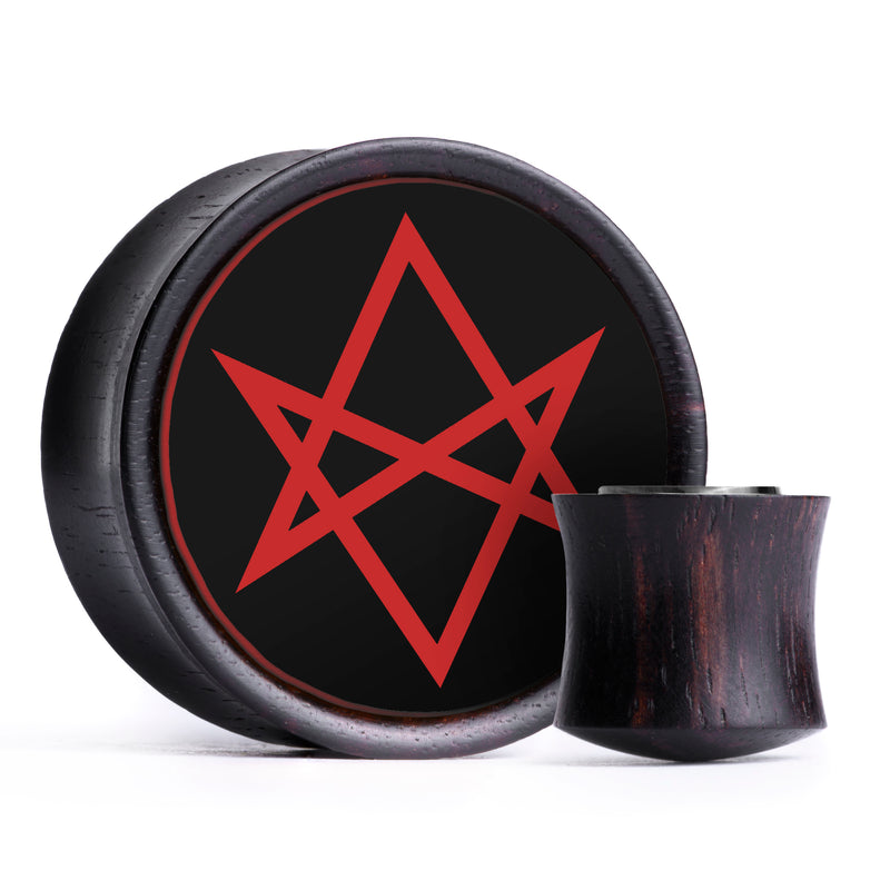 Hexagram Plug / Jauge - Incrustation noire et rouge en bois d’ébène | Double flare convexe