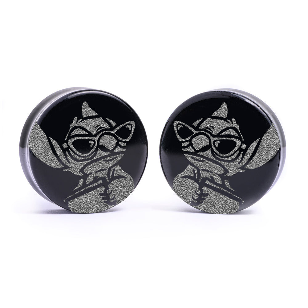 Cool Stitch Plug / Gauge - Black Glass | Flat Faced Double Flare - Lasered To Order In House At Custom Plugs HQ