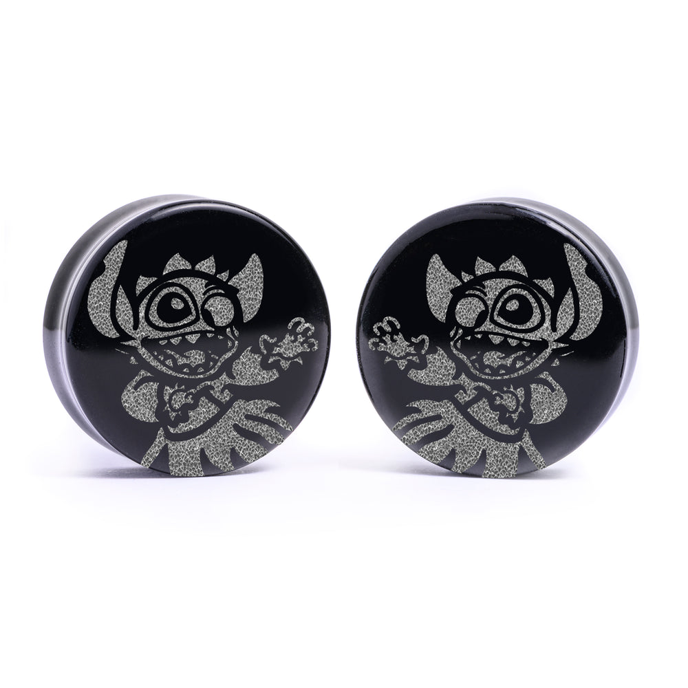 Hula Stitch Plug / Gauge - Black Glass | Flat Faced Double Flare - Lasered To Order In House At Custom Plugs HQ
