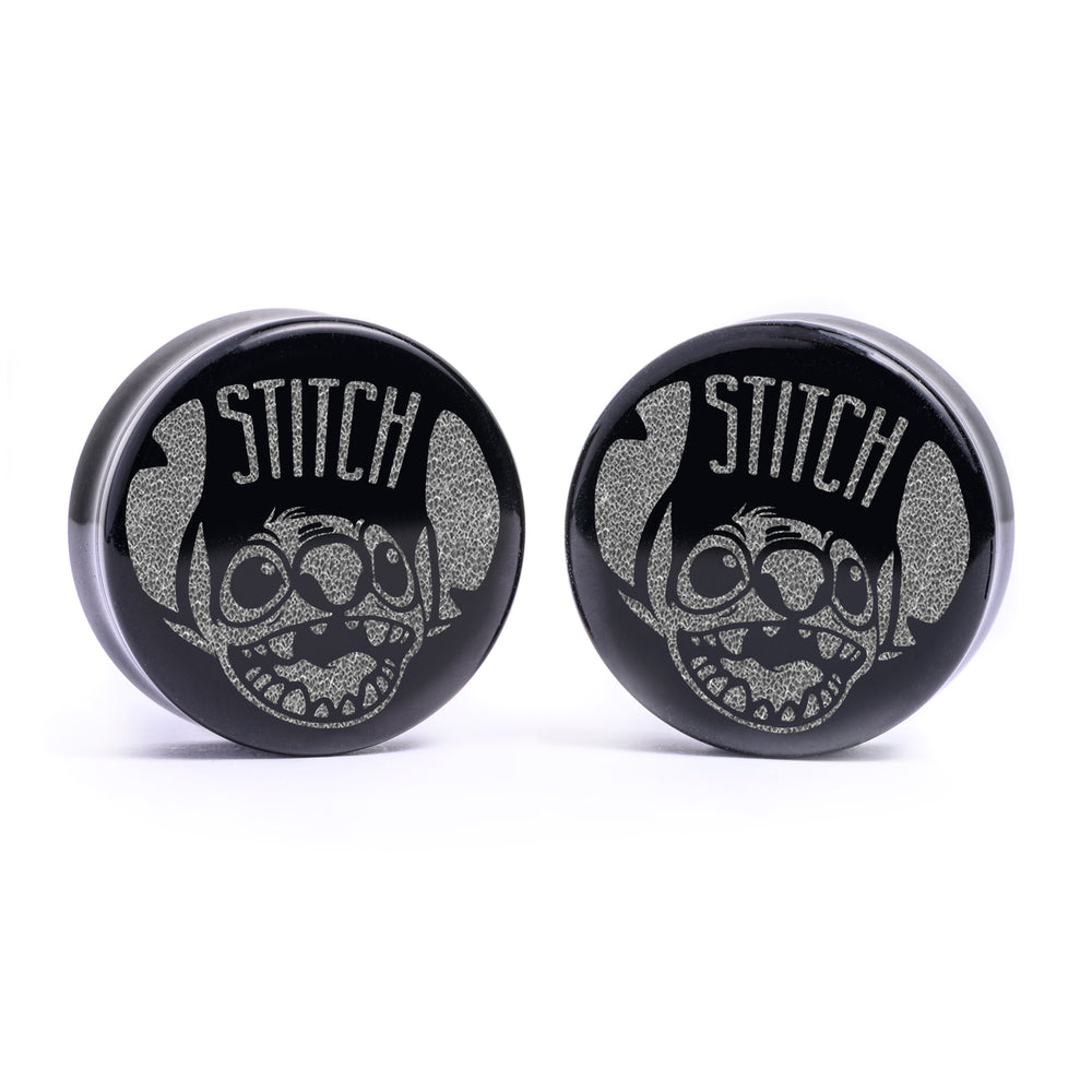 Stitch Plug / Gauge - Black Glass | Flat Faced Double Flare - Lasered To Order In House At Custom Plugs HQ