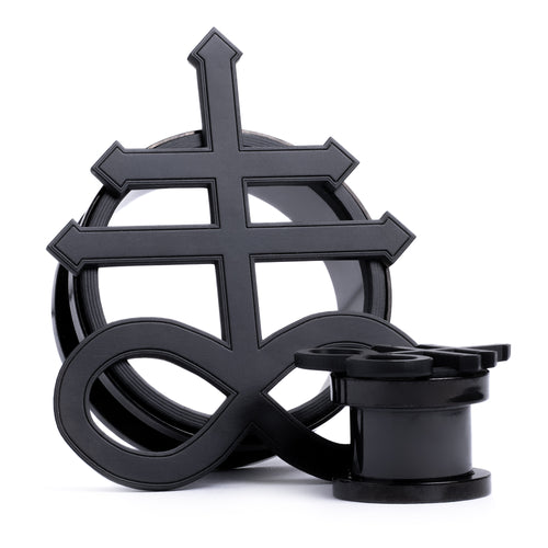 Leviathan-Kreuz 3D aus schwarzem Stahl, Double Flare, Schraubverschluss / Tunnel / Gauge