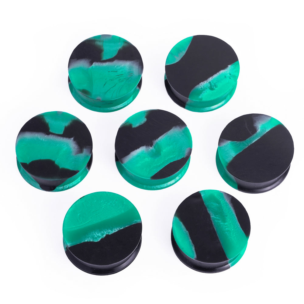 Solid Marble Green & Black Silicone Earring Plug / Gauge - Flat Flare Silicone Ear Plugs / Gauges in 00g, 0g, 2g, 4g and more.