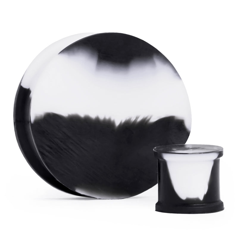 Plug / Gauge d'étirement d'oreille en silicone effet marbre plein blanc & noir