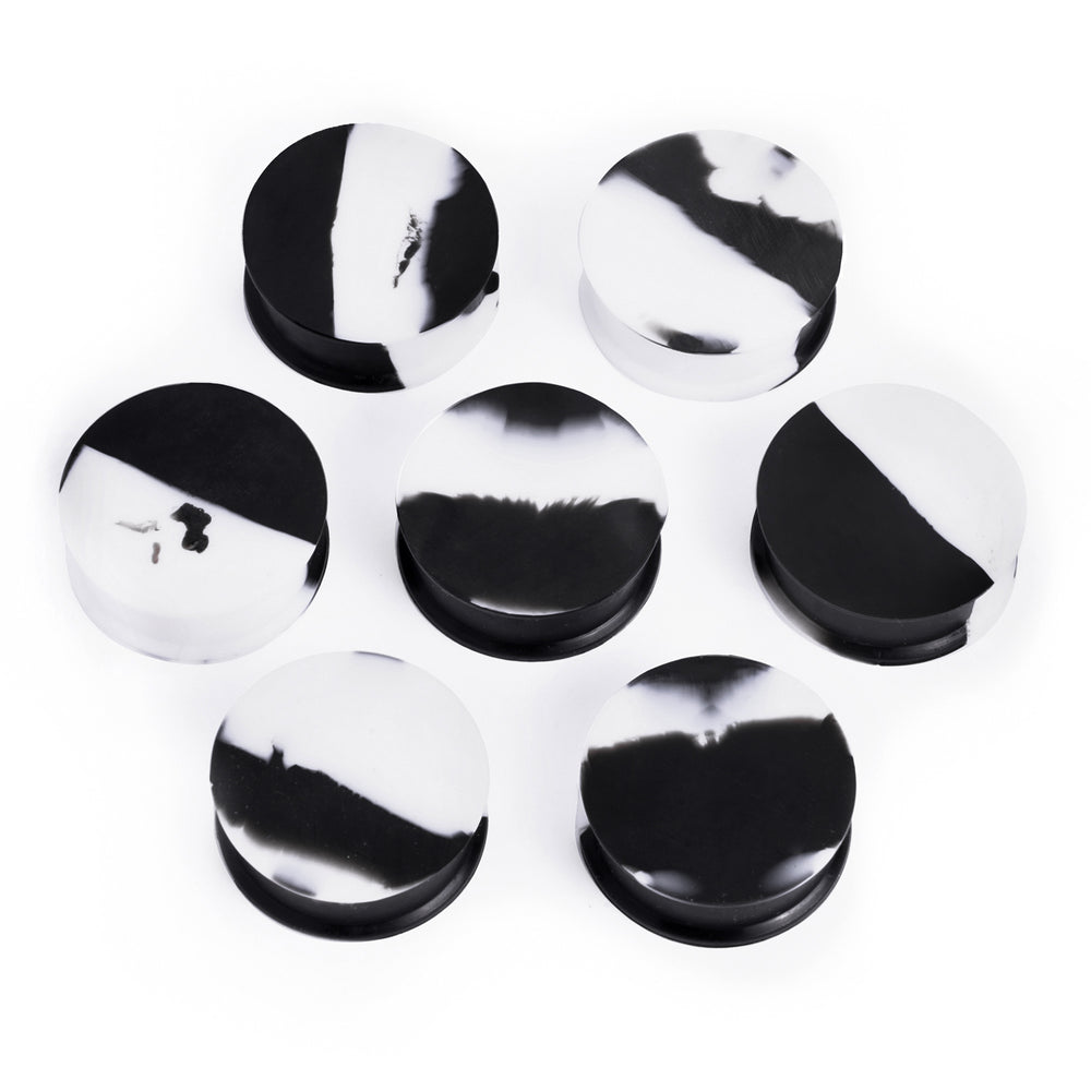 Solid Marble White & Black Silicone Earring Plug / Gauge - Flat Flare Silicone Ear Plugs / Gauges in 00g, 0g, 2g, 4g and more.