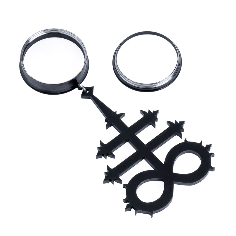 Boucles d'oreilles plug pendantes gothiques Leviathan Cross en acrylique noir mat
