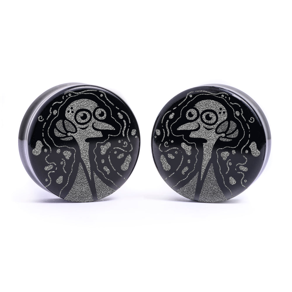 Mr Burns Plug / Gauge - Black Glass | Flat Faced Double Flare - Lasered To Order In House At Custom Plugs HQ