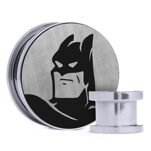 Batman 92 - Brushed Silver & Black Inlay Steel Screw Back / Plug / Gauge