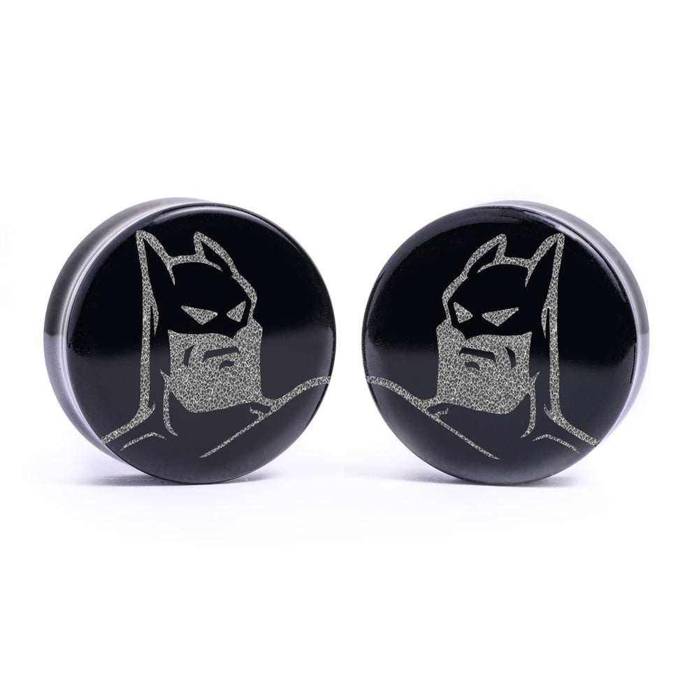 Batman 92 Plug / Gauge - Black Glass | Flat Faced Double Flare - Lasered To Order In House At Custom Plugs HQ