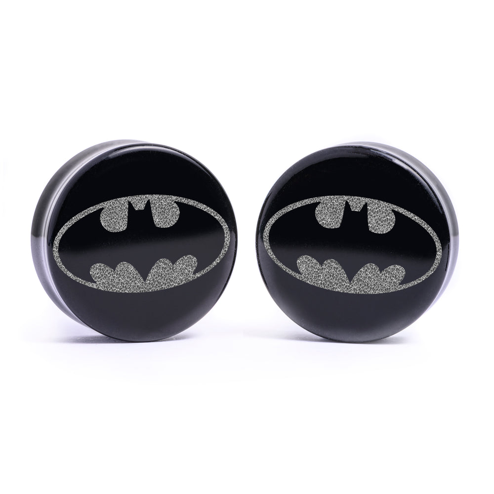 Batman Logo Plug / Gauge - Black Glass | Flat Faced Double Flare - Lasered To Order In House At Custom Plugs HQ