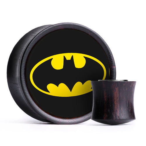 Batman Logo Plug / Gauge - Green & White Inlay Ebony Wood | Convex Double Flare