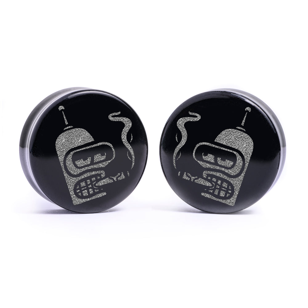 Bender Futurama Plug / Gauge - Black Glass | Flat Faced Double Flare - Lasered To Order In House At Custom Plugs HQ