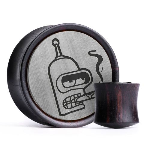 Bender Futurama Plug / Gauge - Silver & Black Inlay Ebony Wood | Convex Double Flare