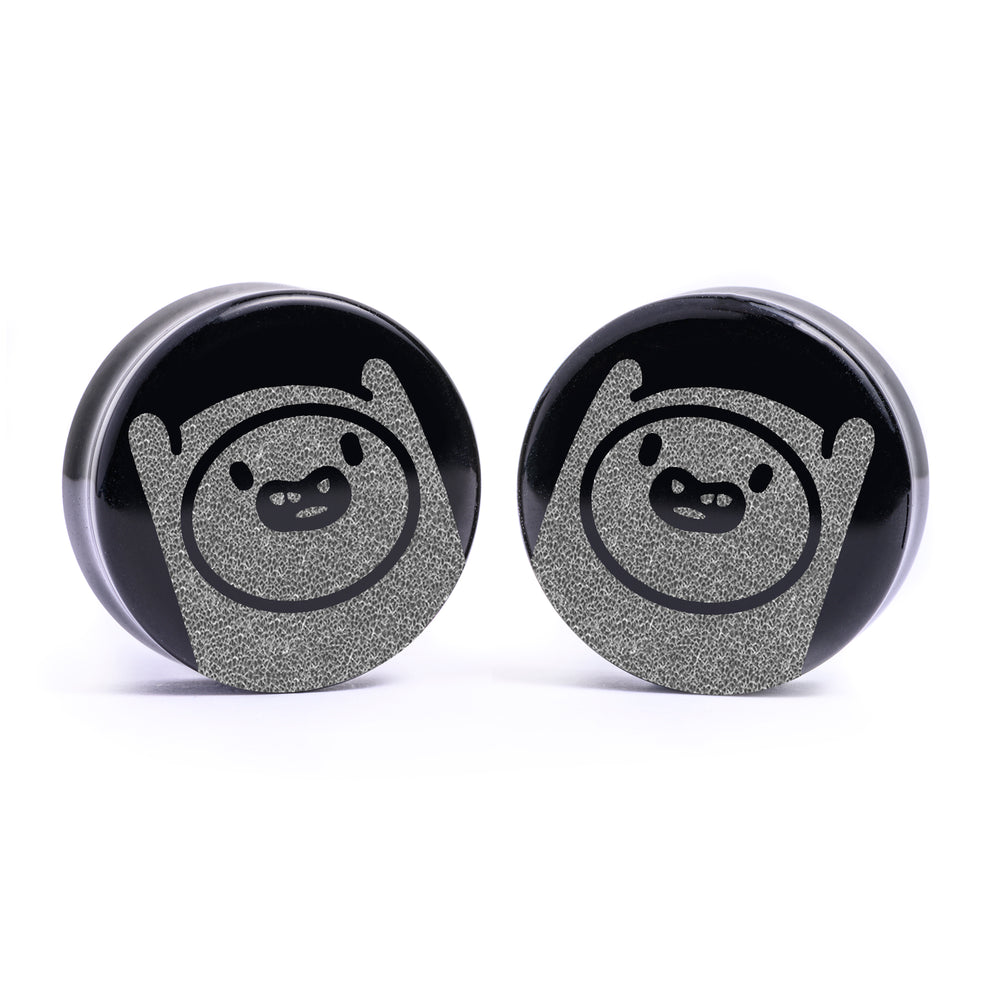 Finn The Human / Adventure Time Plug / Gauge - Black Glass | Flat Faced Double Flare - Lasered To Order In House At Custom Plugs HQ