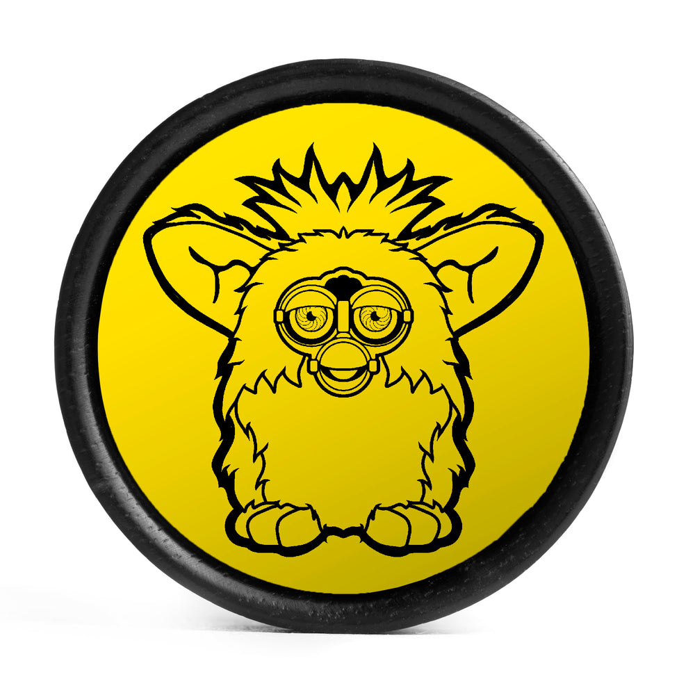 Furby Plug / Gauge - Yellow & Black Inlay Ebony Wood | Convex Double Flare - Lasered To Order In House At Custom Plugs HQ