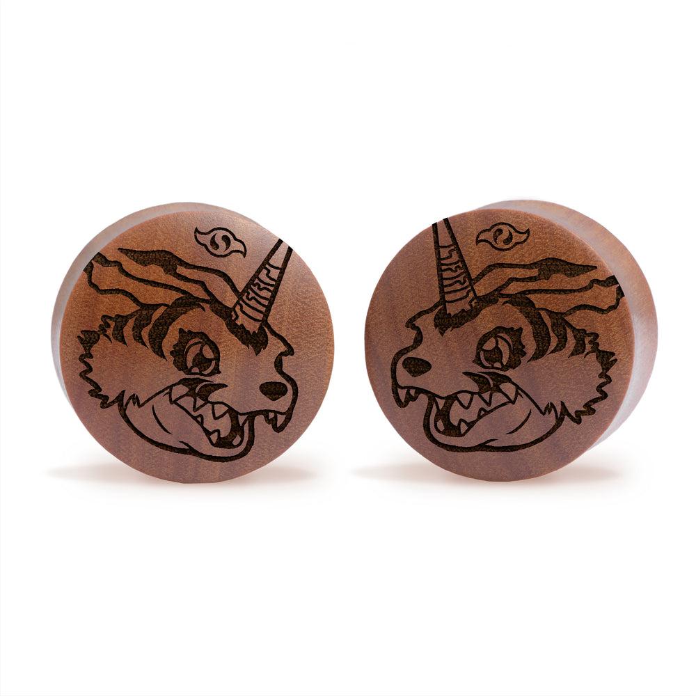 Gabumon Digimon Plug / Gauge - Saba Wood | Convex Double Flare - Lasered To Order In House At Custom Plugs HQ