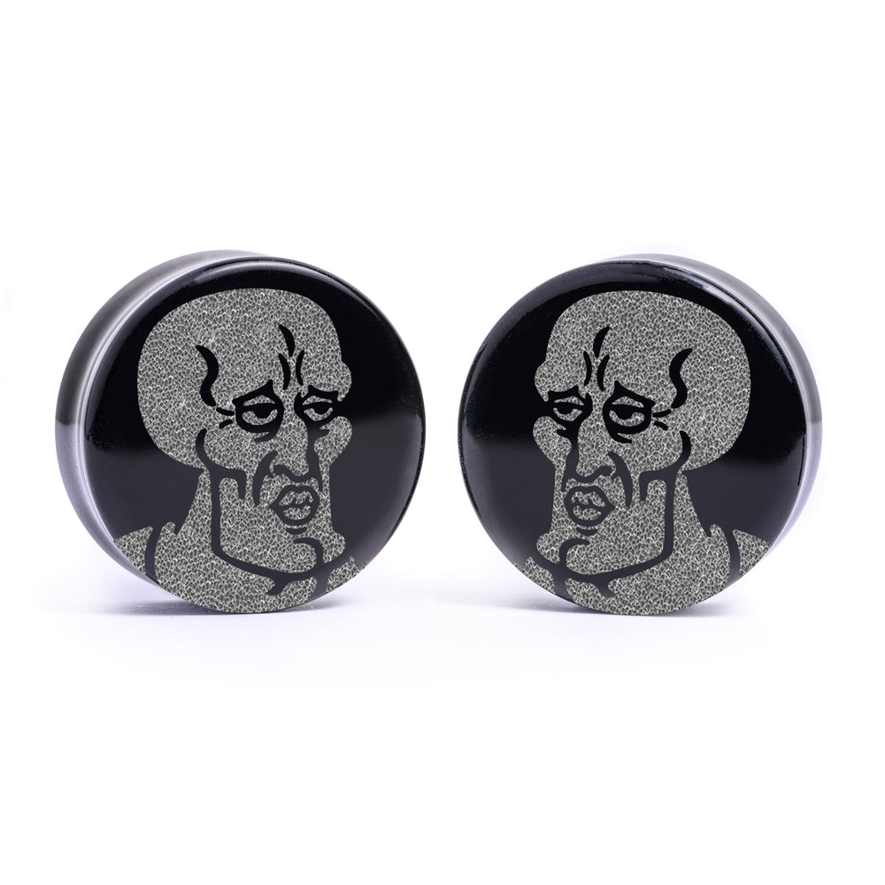 Handsome Squidward Plug / Gauge - Black Glass | Flat Faced Double Flare - Lasered To Order In House At Custom Plugs HQ