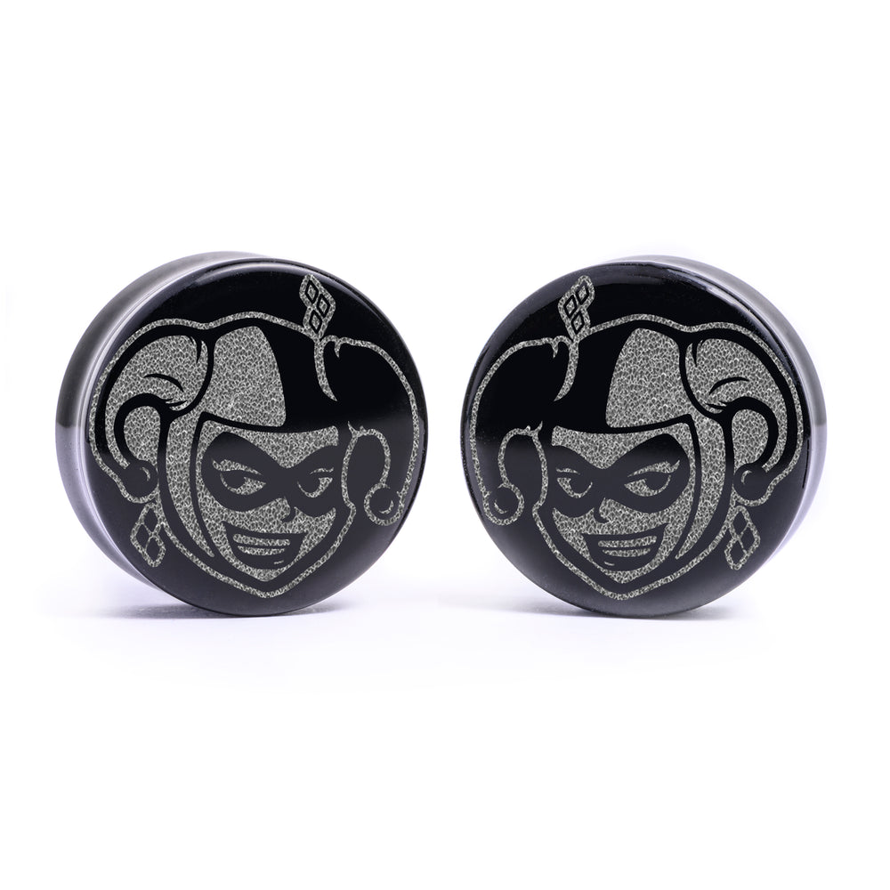 Harley Quinn 92 Plug / Gauge - Black Glass | Flat Faced Double Flare - Lasered To Order In House At Custom Plugs HQ