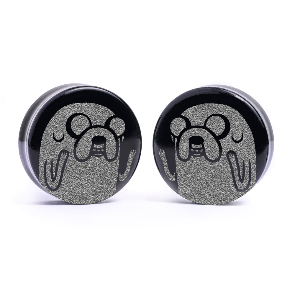 Jake The Dog / Adventure Time Plug / Gauge - Black Glass | Flat Faced Double Flare - Lasered To Order In House At Custom Plugs HQ