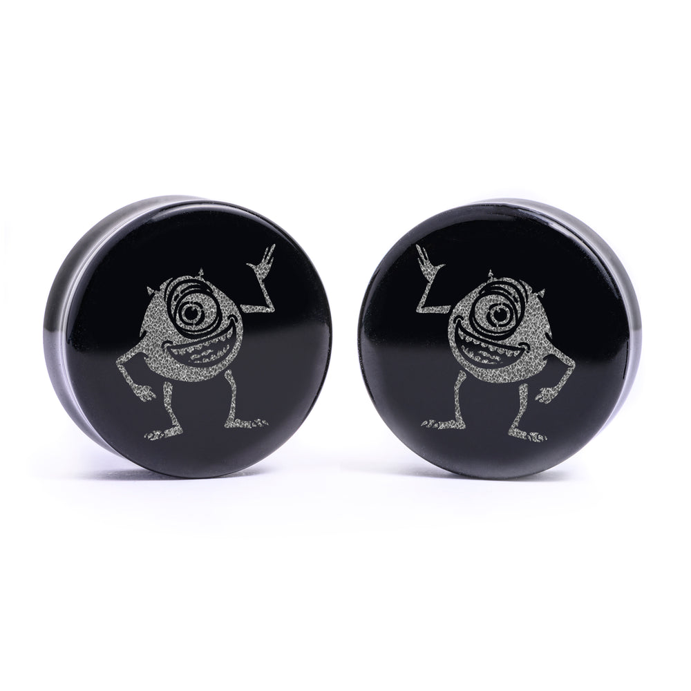 Mike Wazowski Plug / Gauge - Black Glass | Flat Faced Double Flare - Lasered To Order In House At Custom Plugs HQ