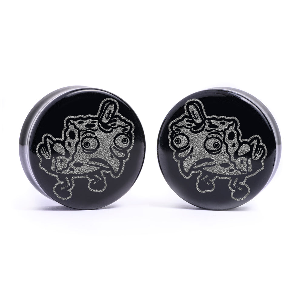 Mocking Spongebob Plug / Gauge - Black Glass | Flat Faced Double Flare - Lasered To Order In House At Custom Plugs HQ