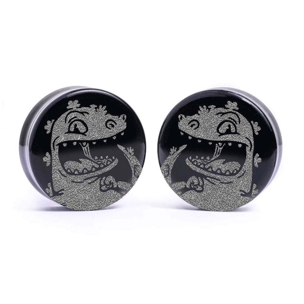 Reptar Plug / Gauge - Black Glass | Flat Faced Double Flare - Lasered To Order In House At Custom Plugs HQ