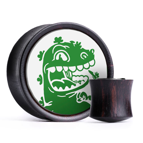 Reptar Plug / Gauge - Green & White Inlay Ebony Wood | Convex Double Flare