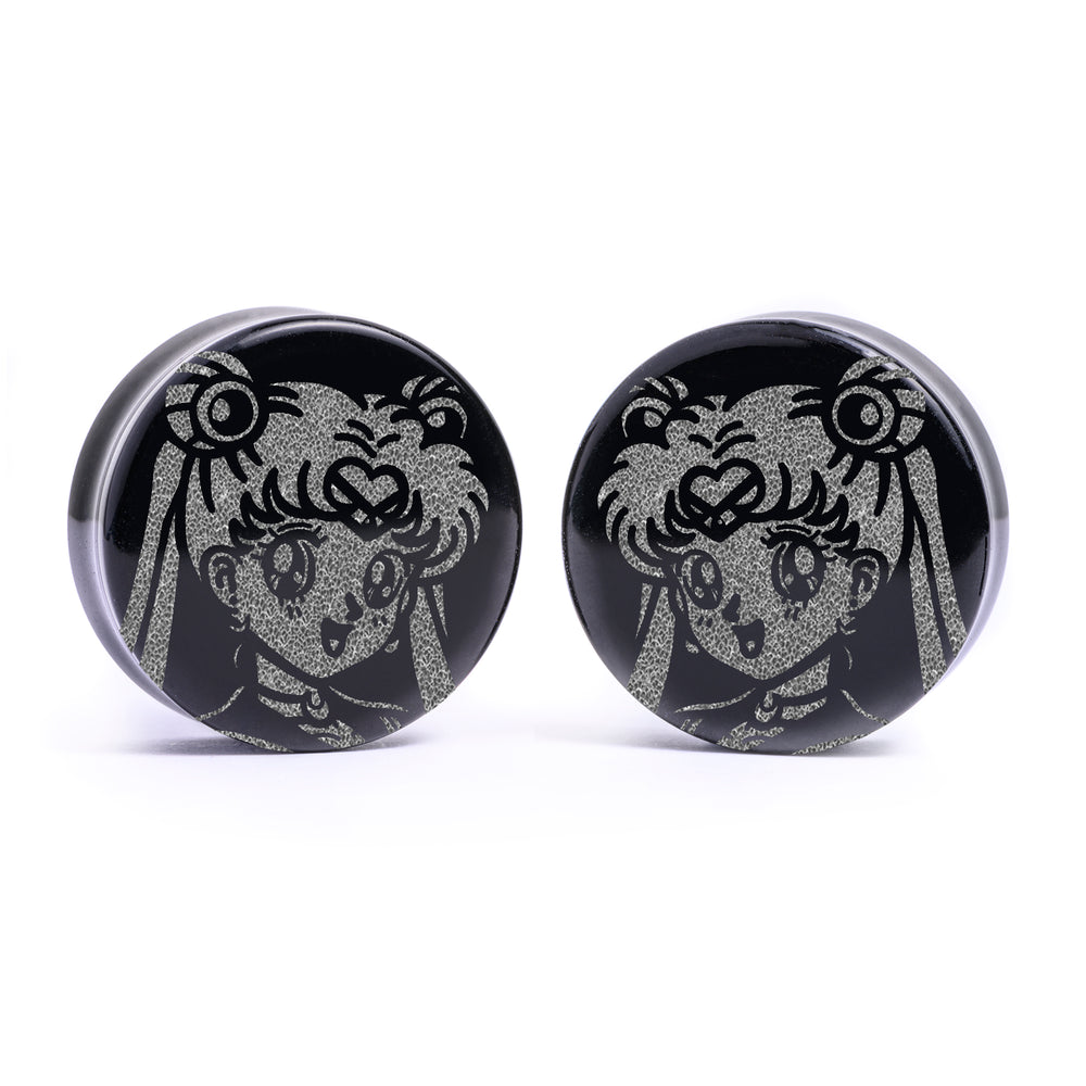 Sailor Moon Plug / Gauge - Black Glass | Flat Faced Double Flare - Lasered To Order In House At Custom Plugs HQ