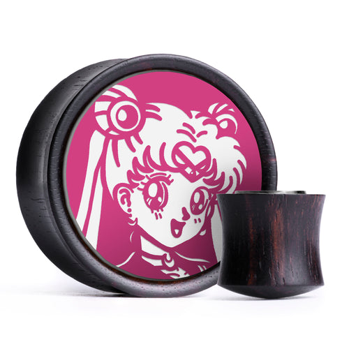 Sailor Moon Plug / Gauge - Pink & White Inlay Ebony Wood | Convex Double Flare