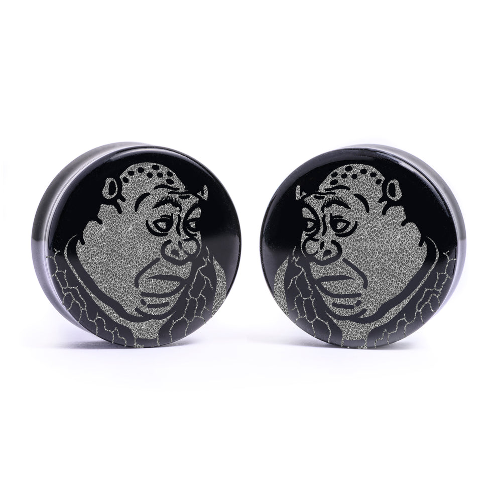 Shrek Plug / Gauge - Black Glass | Flat Faced Double Flare - Lasered To Order In House At Custom Plugs HQ