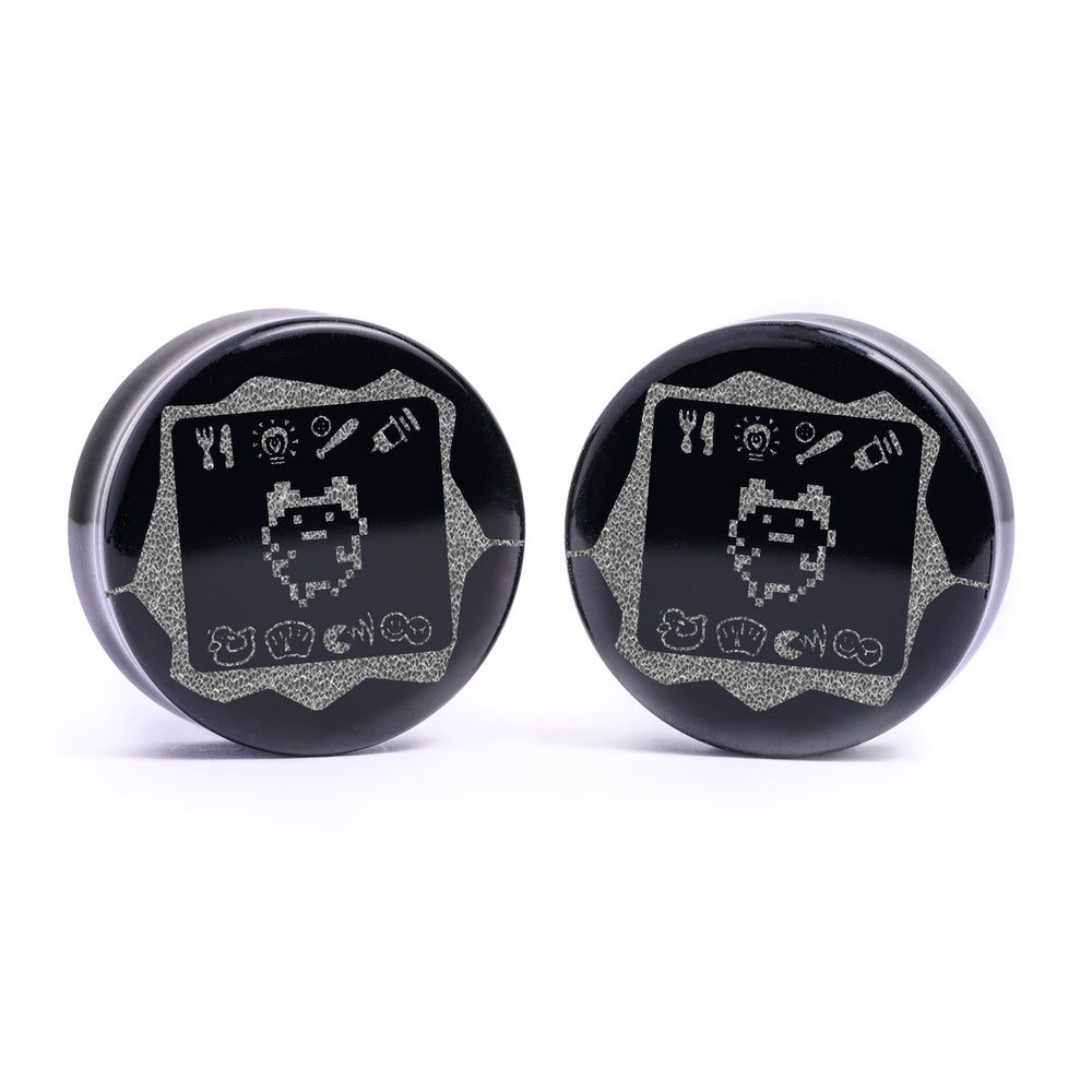 Tamagotchi Plug / Gauge - Black Glass | Flat Faced Double Flare - Lasered To Order In House At Custom Plugs HQ