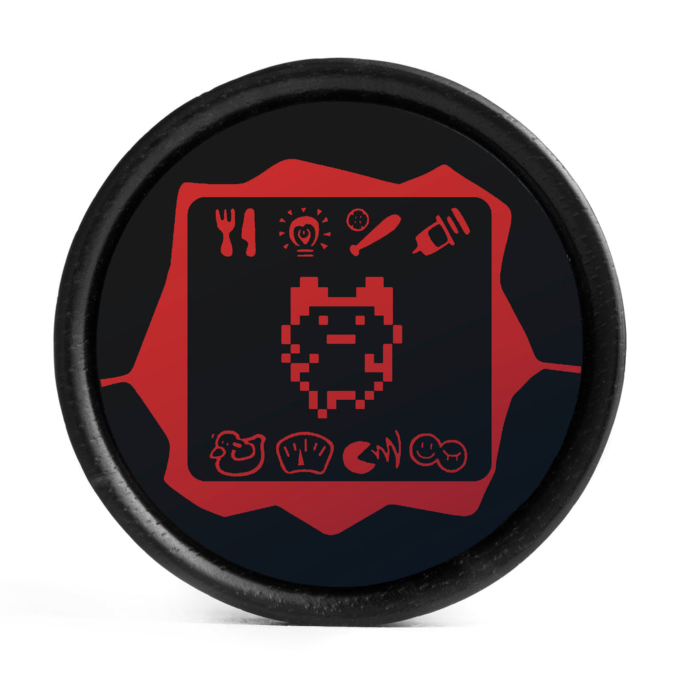 Tamagotchi Plug / Gauge - Black & Red Inlay Ebony Wood | Convex Double Flare - Lasered To Order In House At Custom Plugs HQ