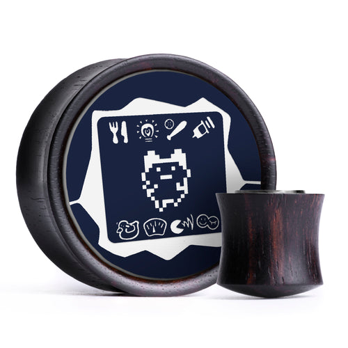 Tamagotchi Plug / Gauge - Blue & White Inlay Ebony Wood | Convex Double Flare